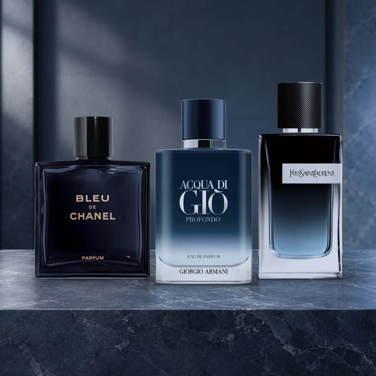 Combo Azul Ejecutivo: Bleu de Chanel Parfum, Acqua di Gio Profondo Armani y Y Eau de Parfum YSL. Perfumes originales en Guatemala.