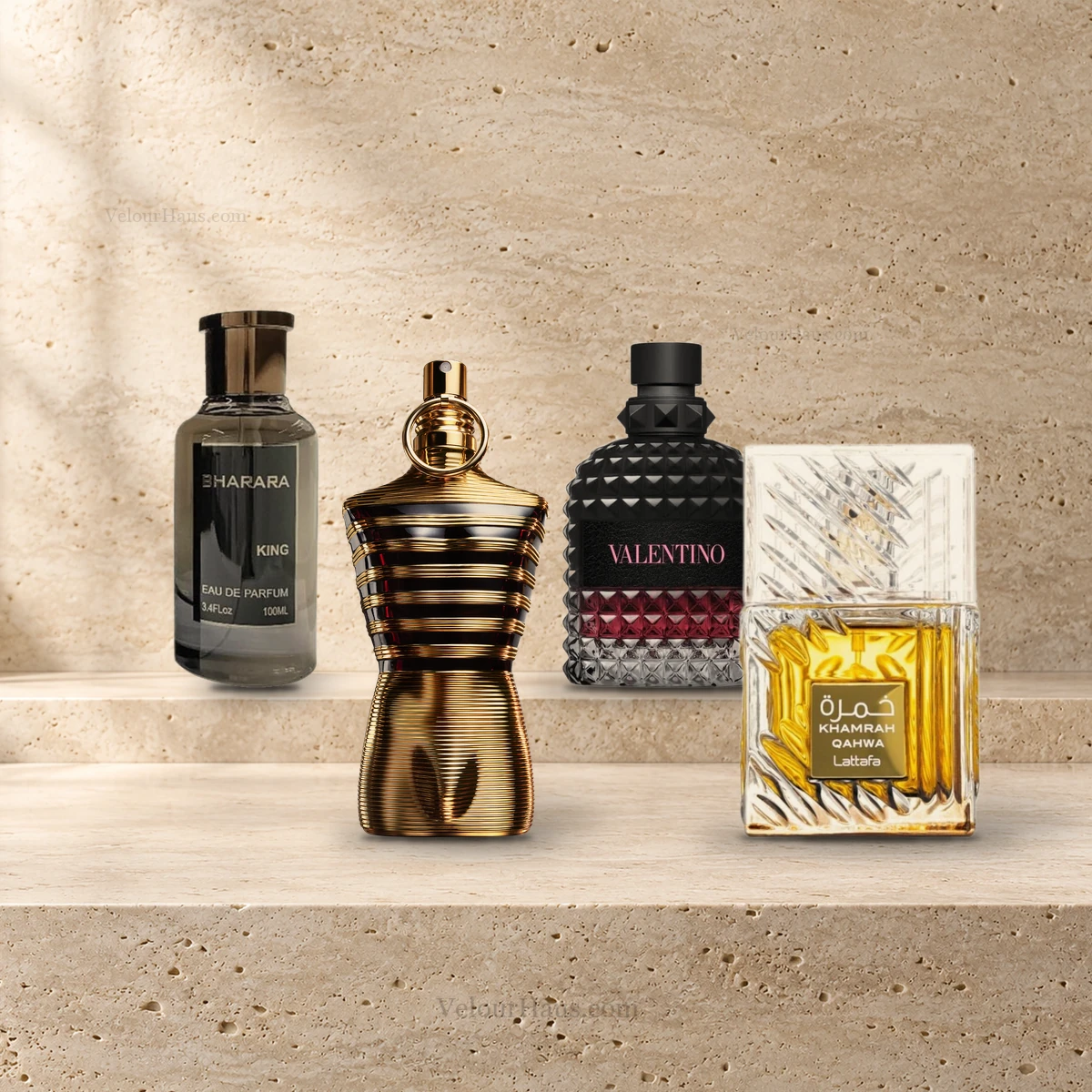Frascos de referencia del Combo Best Sellers VelourHaus; presentación ilustrativa de las fragancias incluidas en sus decants.
