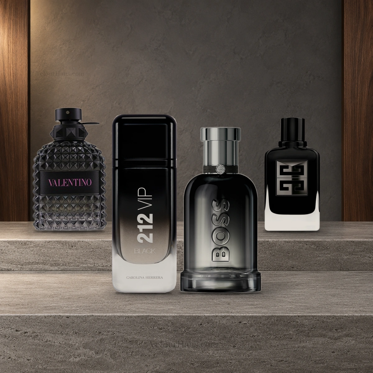 Combo Caballero Moderno: Boss Bottled Beyond de Hugo Boss, Gentleman Society Eau de Parfum Extrême de Givenchy y 212 VIP Black Carolina Herrera y más. Perfumes originales en Guatemala.