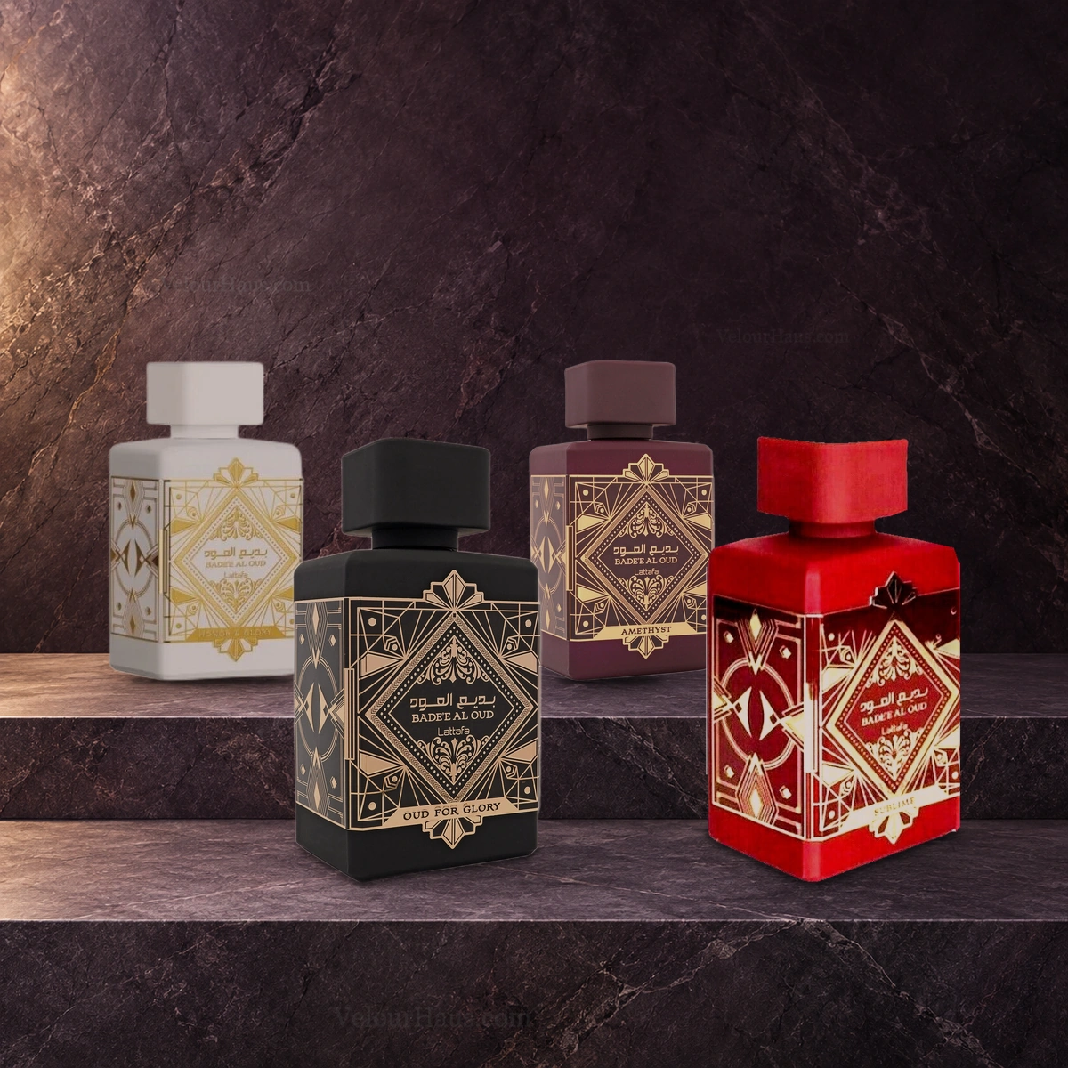 Combo Colección Badee Al Oud: Badee Al Oud Amethyst de Lattafa, Badee Al Oud Sublime de Lattafa y Badee Al Oud Honor Glory Lattafa y más. Perfumes originales en Guatemala.