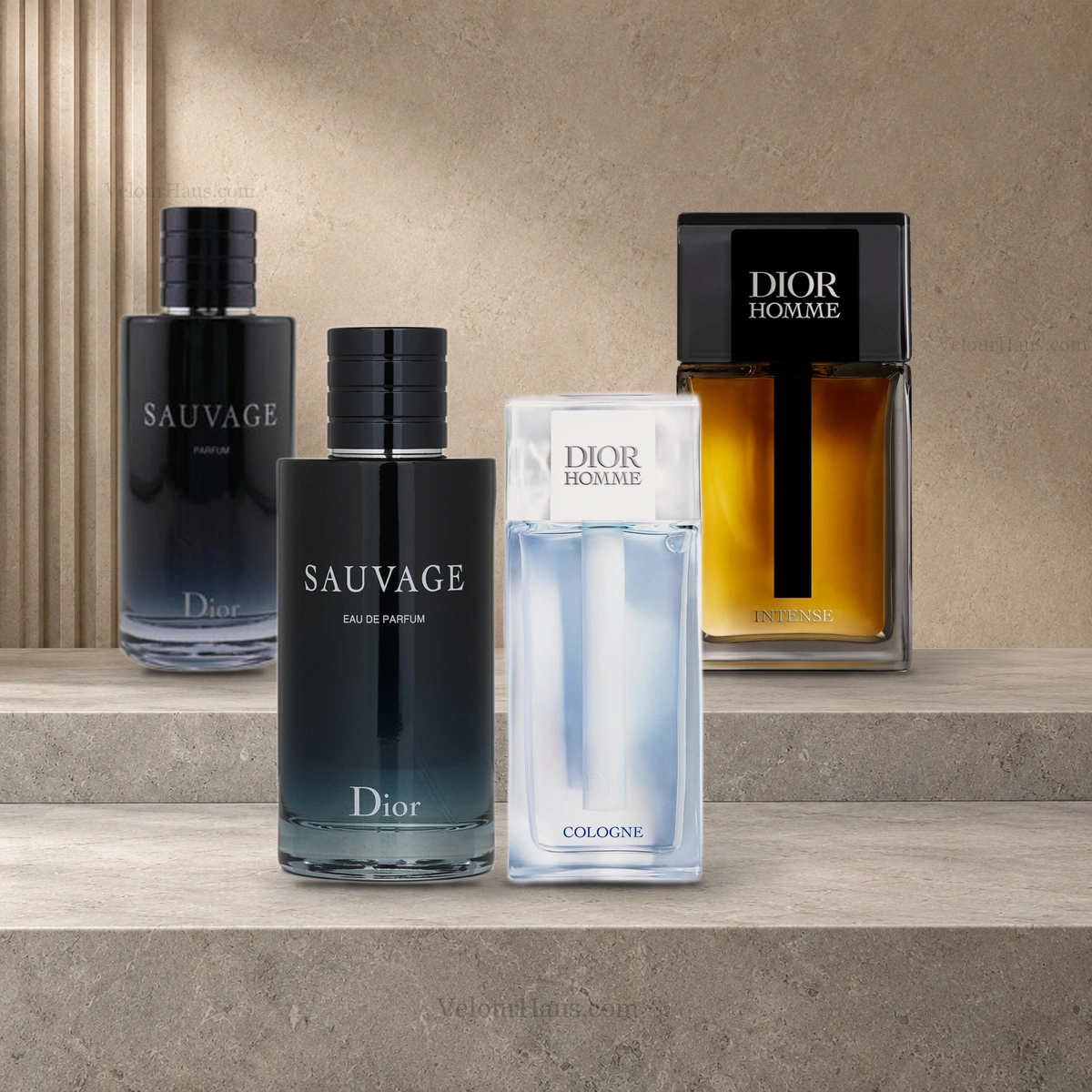 Frascos de referencia del Combo Dior Caballero; presentación ilustrativa de las fragancias incluidas en sus decants.