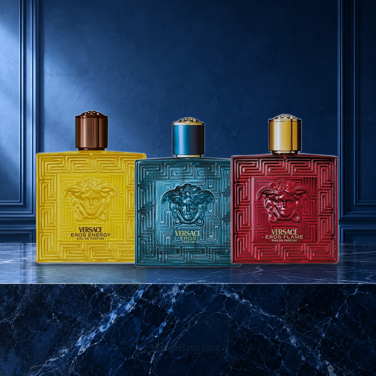 Combo Eros Trío: Eros Energy Eau de Parfum de Versace, Eros Flame EDP de Versace y Eros Parfum de Versace. Perfumes originales en Guatemala.