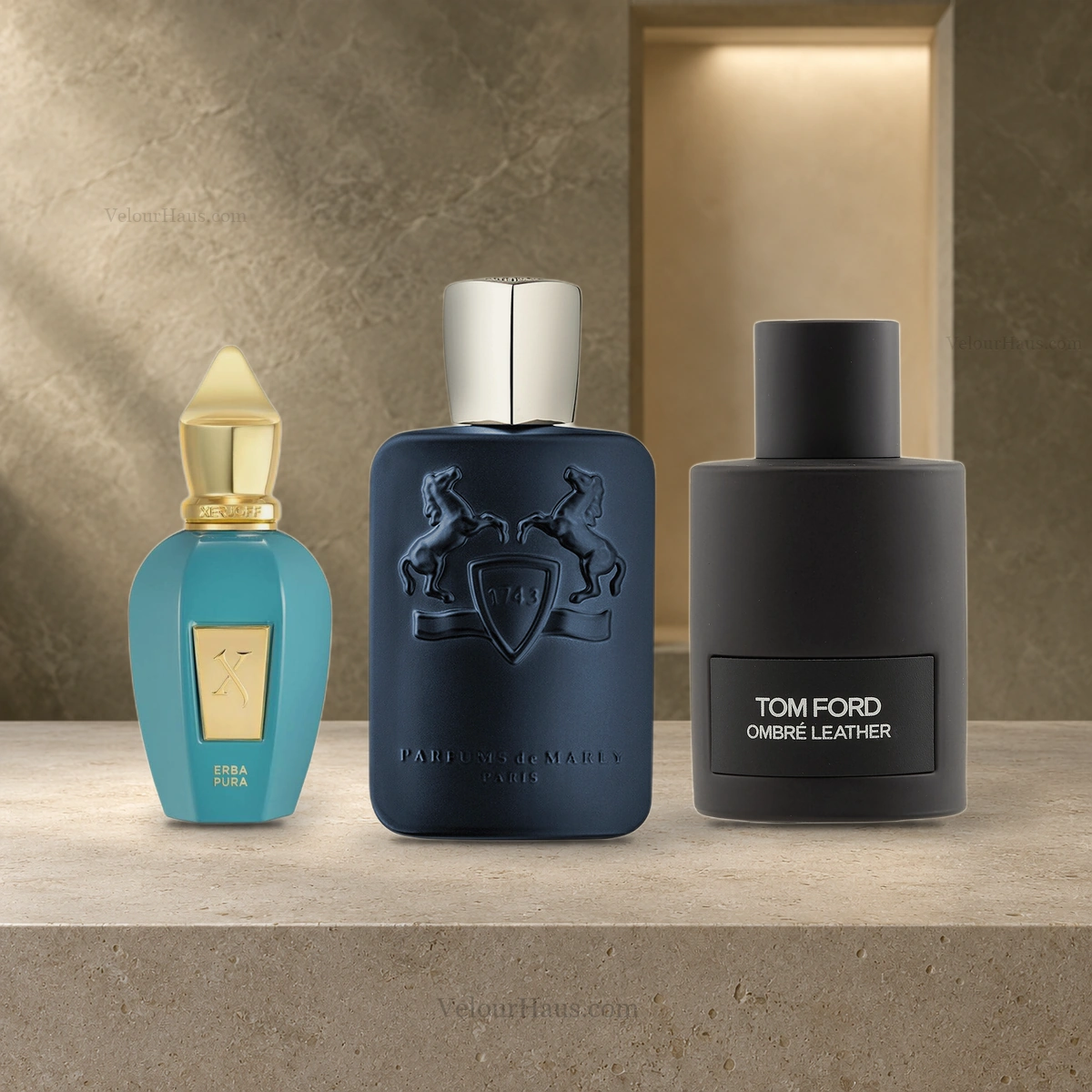 Combo Nicho Esencial: Erba Pura Xerjoff, Layton Parfums de Marly y Ombré Leather Tom Ford. Perfumes originales en Guatemala.