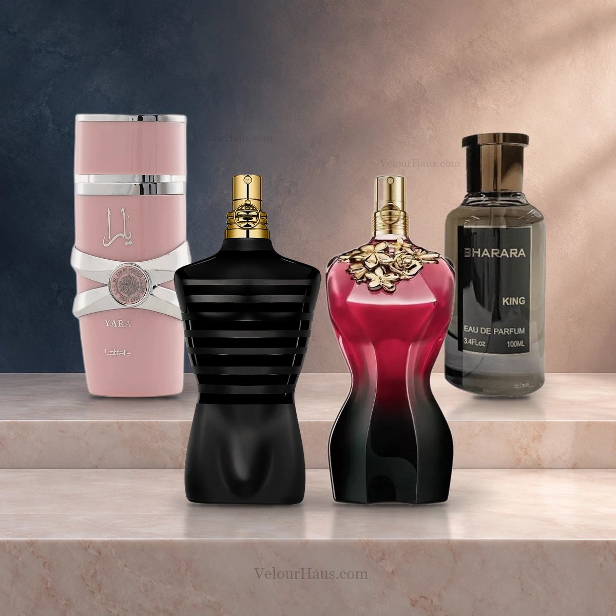 Frascos de referencia del Combo Pareja Perfecta; presentación ilustrativa de las fragancias incluidas en sus decants.