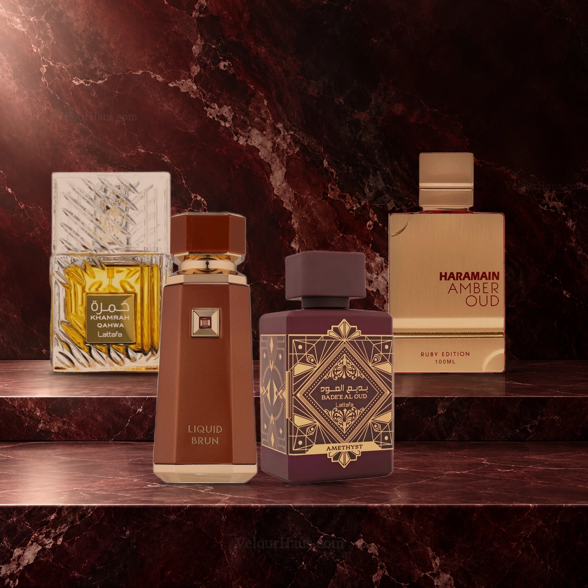 Combo Rubí Árabe: Amber Oud Ruby Edition Al Haramain, Khamrah Qahwa de Lattafa y Badee Al Oud Amethyst de Lattafa y más. Perfumes originales en Guatemala.