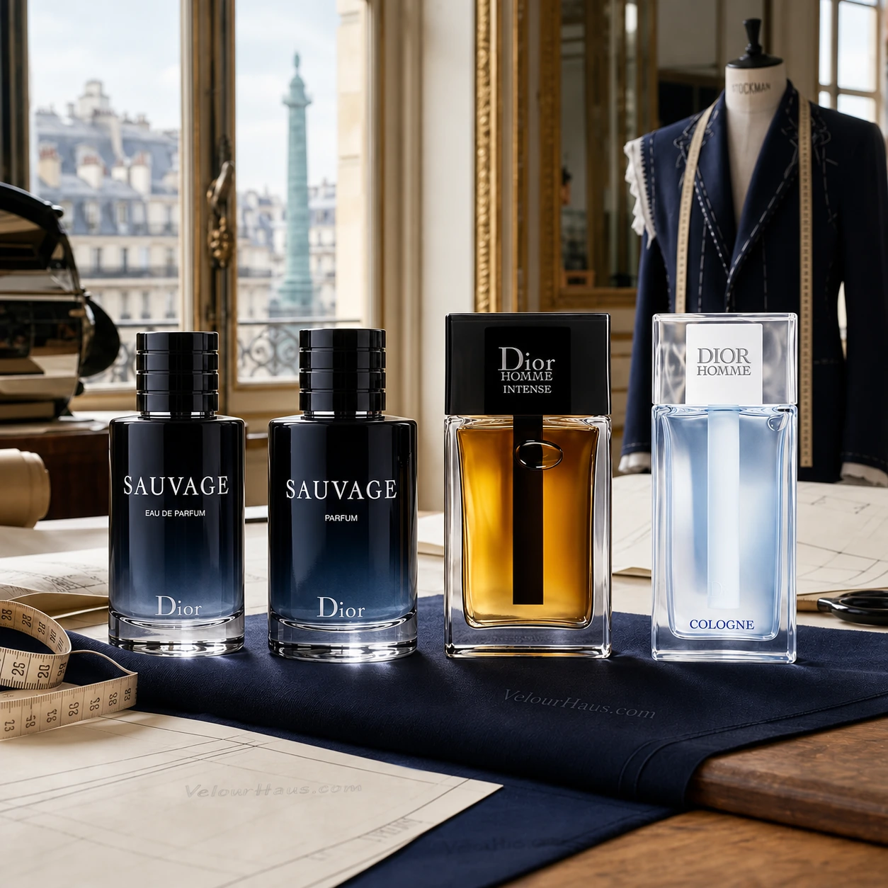 Frascos de referencia del Combo Dior Caballero; presentación ilustrativa de las fragancias incluidas en sus decants.