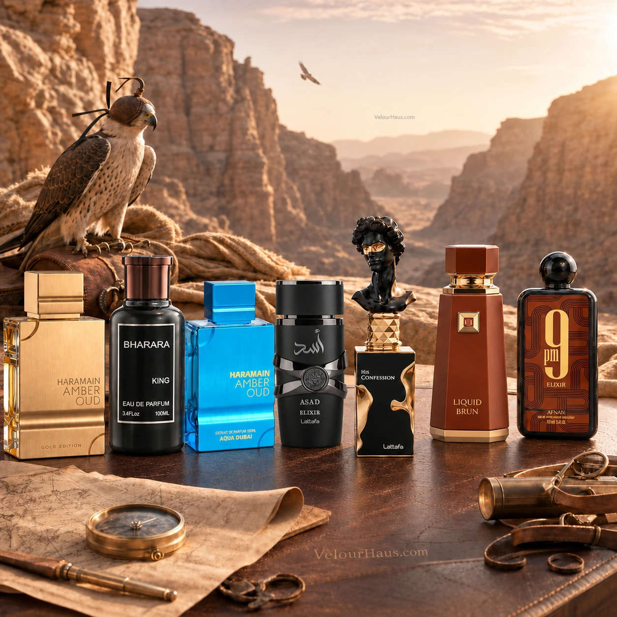 Frascos de referencia del Combo Jeque Árabe; presentación ilustrativa de las fragancias incluidas en sus decants.