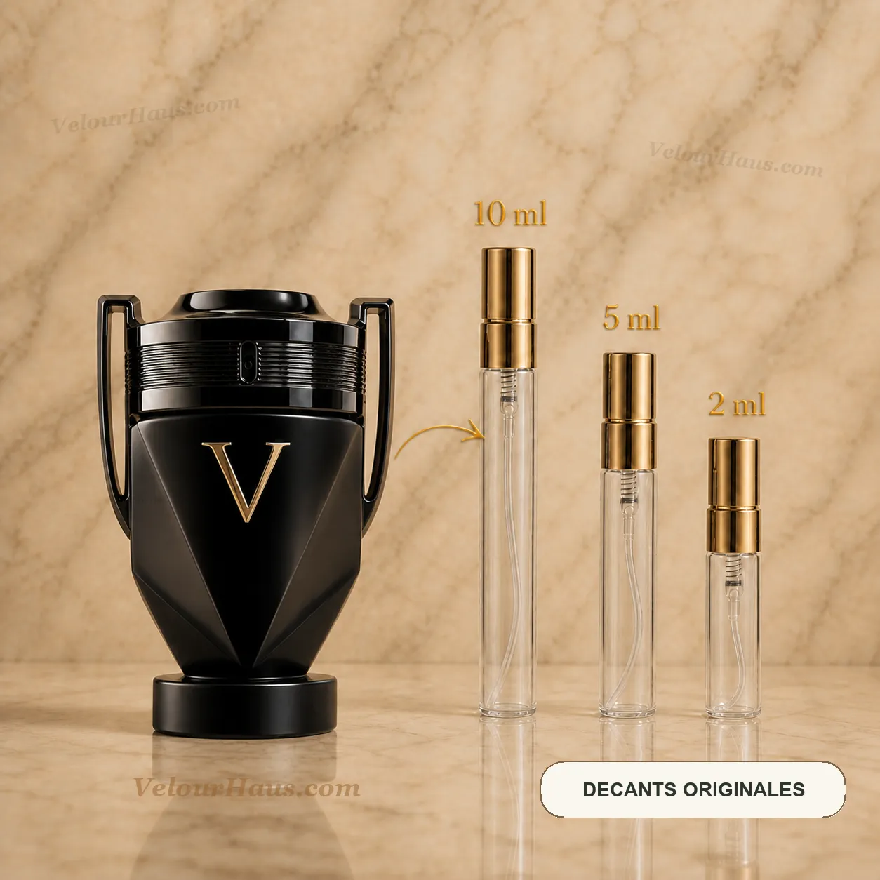 Invictus Victory Absolu de Rabanne con frasco de origen y decants de 10 ml, 5 ml y 2 ml