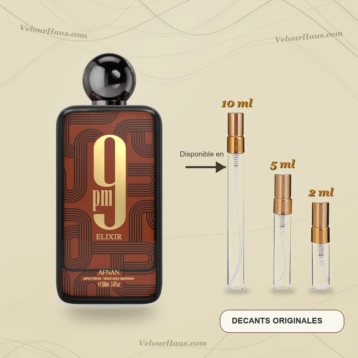 9PM Elixir Afnan con frasco de origen y decants de 10 ml, 5 ml y 2 ml