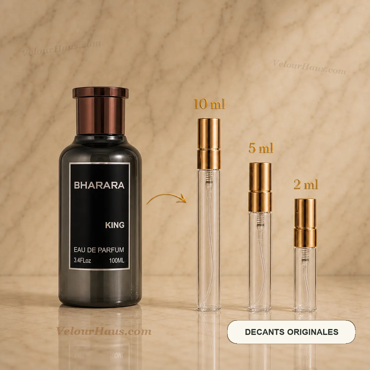 Bharara King con frasco de origen y decants de 10 ml, 5 ml y 2 ml
