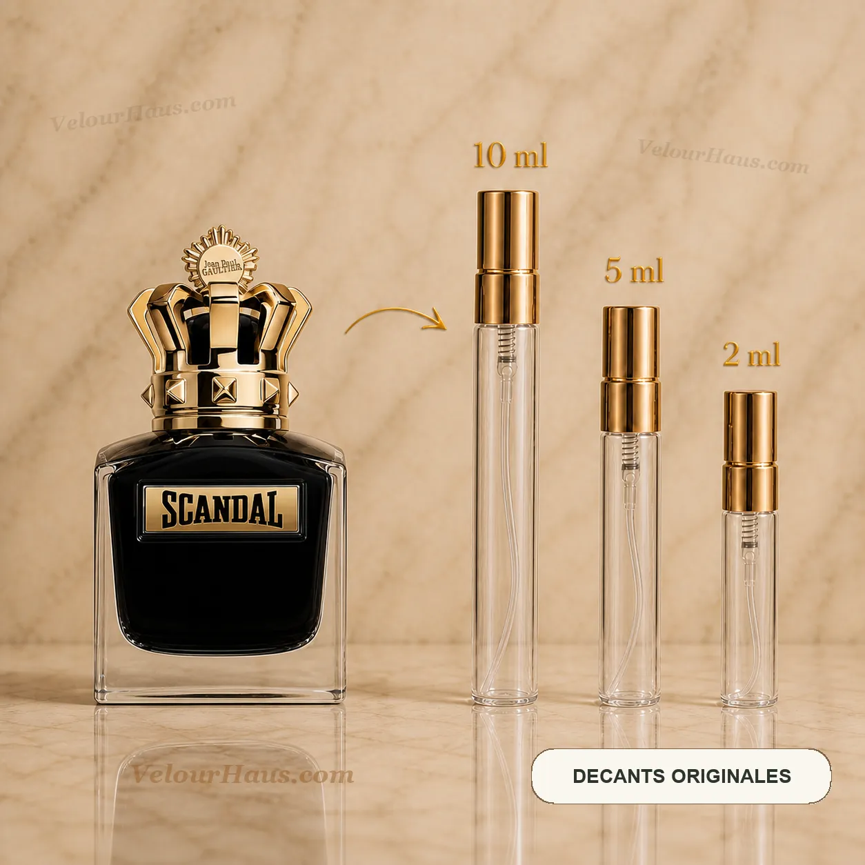 Scandal Pour Homme Le Parfum Jean Paul Gaultier con frasco de origen y decants de 10 ml, 5 ml y 2 ml