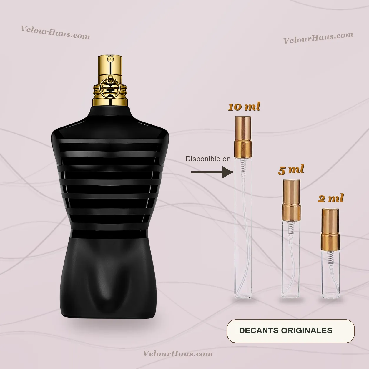 Le Male Le Parfum Jean Paul Gaultier con frasco de origen y decants de 10 ml, 5 ml y 2 ml