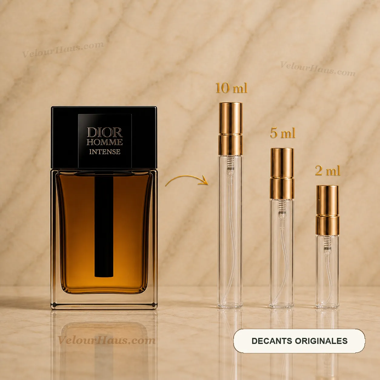 Dior Homme Intense 2025 con frasco de origen y decants de 10 ml, 5 ml y 2 ml