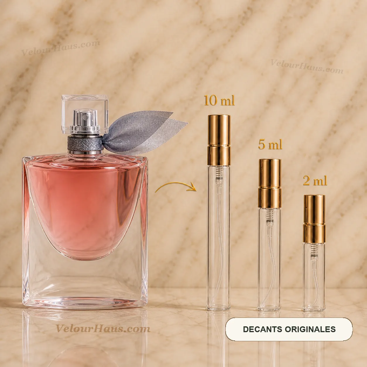 La Vie Est Belle de Lancôme con frasco de origen y decants de 10 ml, 5 ml y 2 ml