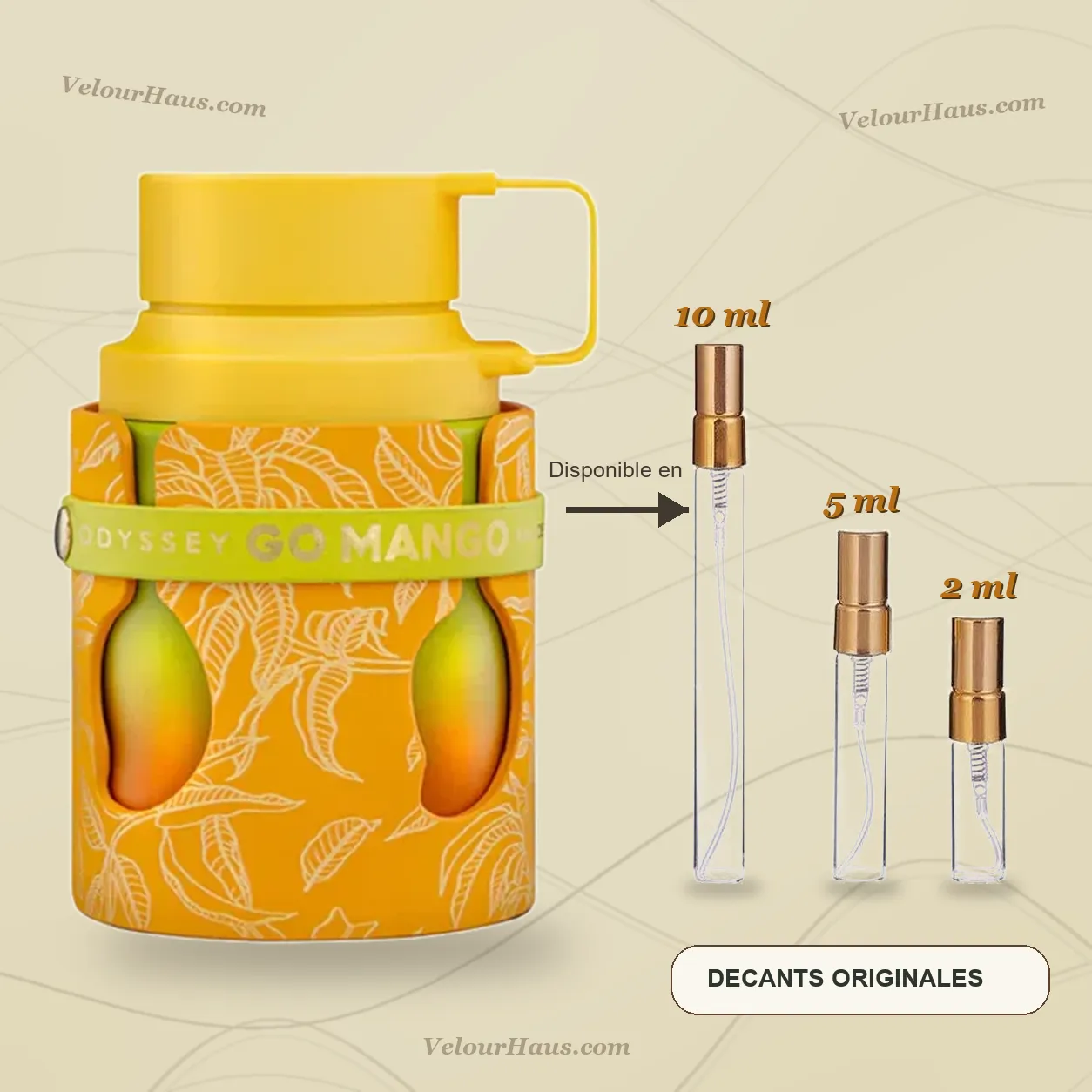 Armaf Odyssey Go Mango EDP con frasco de origen y decants de 10 ml, 5 ml y 2 ml