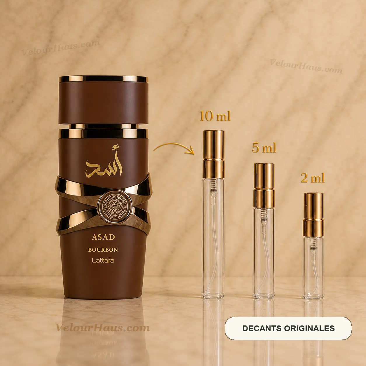 Asad Bourbon Lattafa con frasco de origen y decants de 10 ml, 5 ml y 2 ml