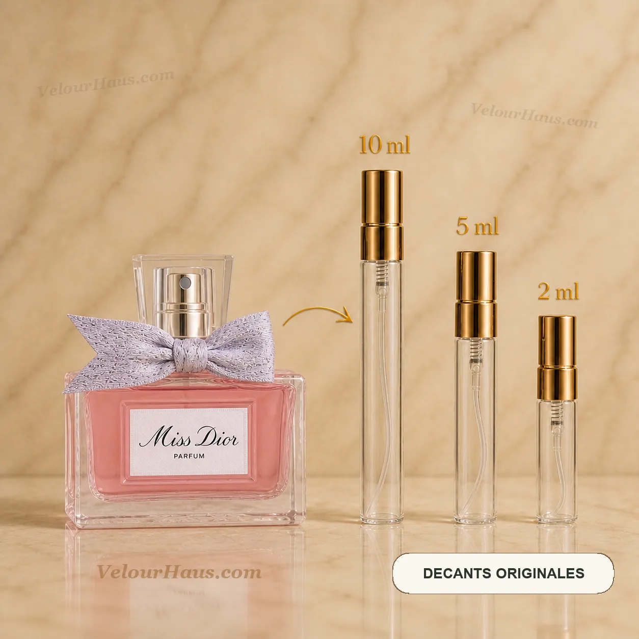 Miss Dior Parfum 2024 con frasco de origen y decants de 10 ml, 5 ml y 2 ml