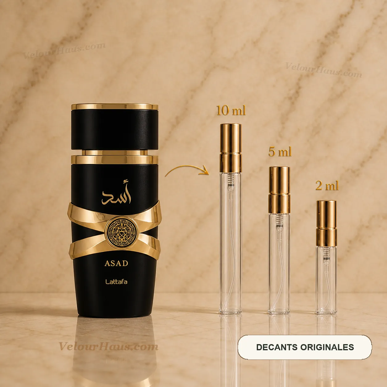 Asad Lattafa con frasco de origen y decants de 10 ml, 5 ml y 2 ml