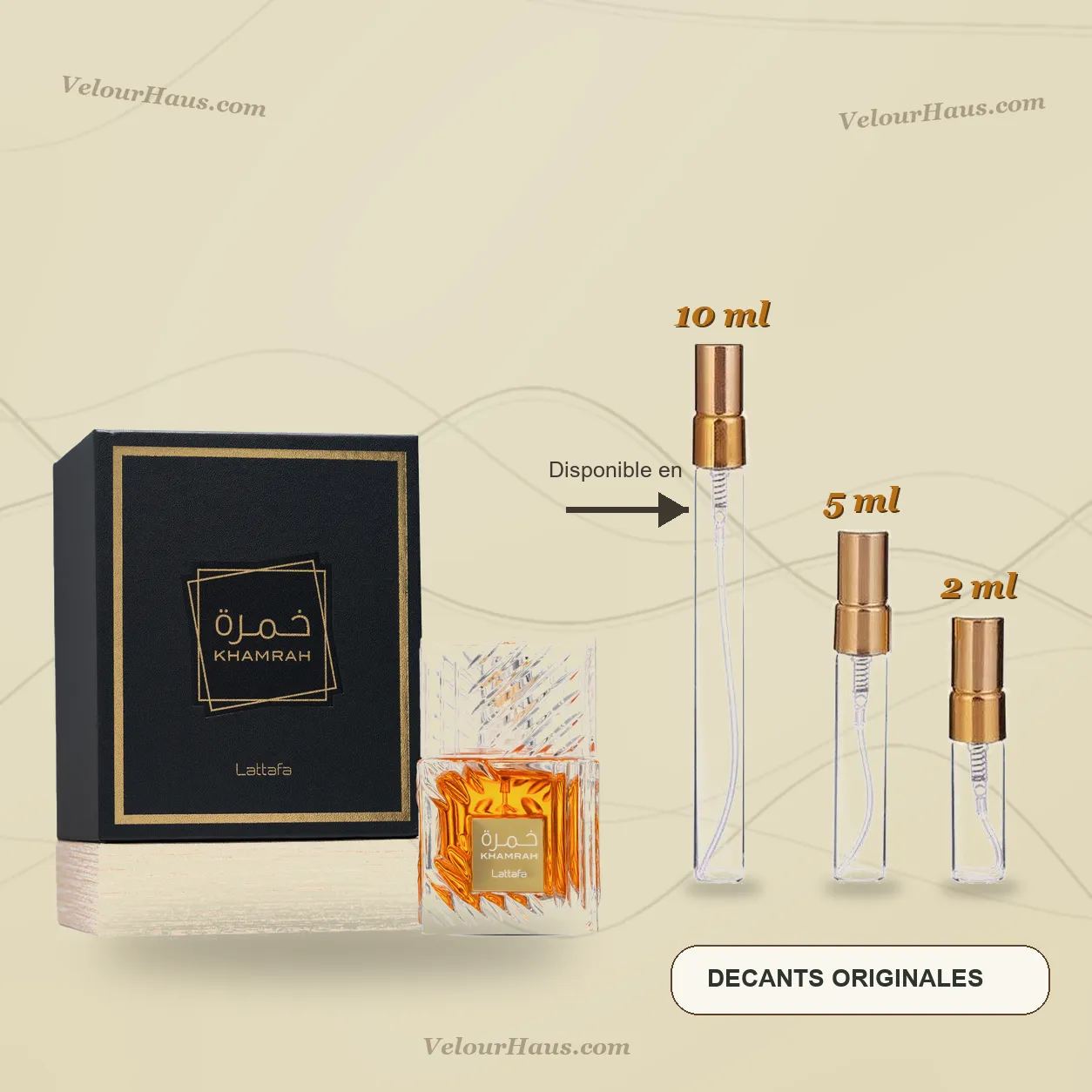 Khamrah de Lattafa con frasco de origen y decants de 10 ml, 5 ml y 2 ml