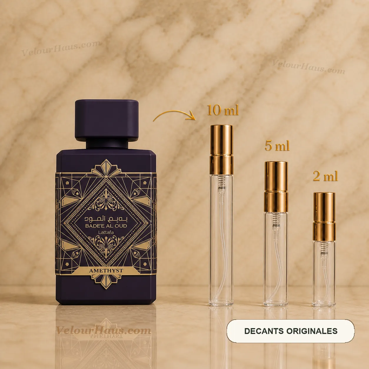 Badee Al Oud Amethyst de Lattafa con frasco de origen y decants de 10 ml, 5 ml y 2 ml