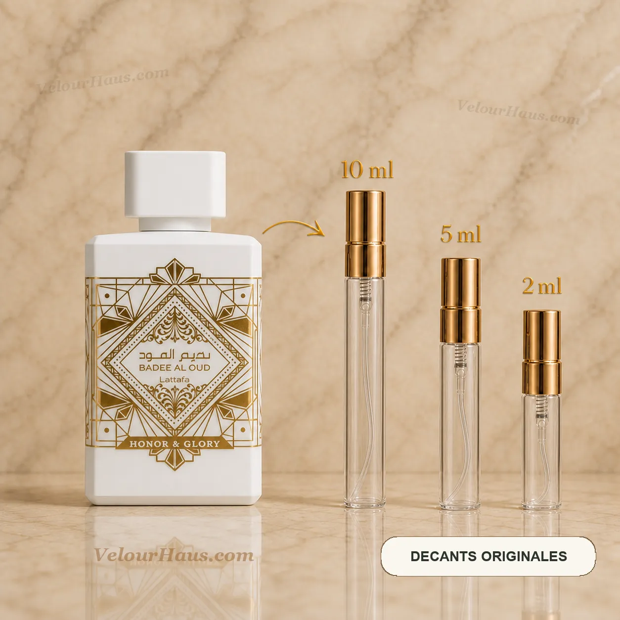 Badee Al Oud Honor Glory Lattafa con frasco de origen y decants de 10 ml, 5 ml y 2 ml