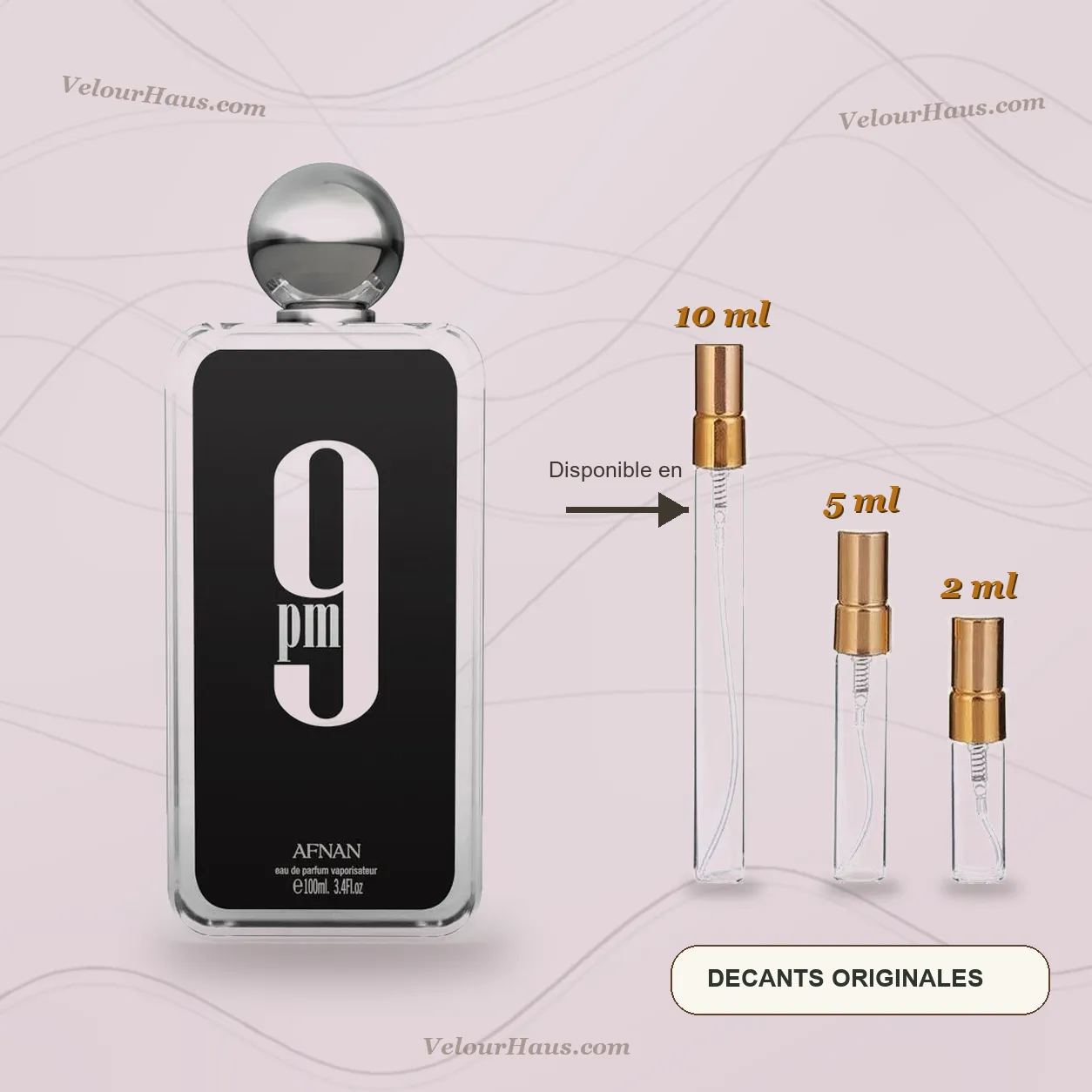 9PM Afnan con frasco de origen y decants de 10 ml, 5 ml y 2 ml