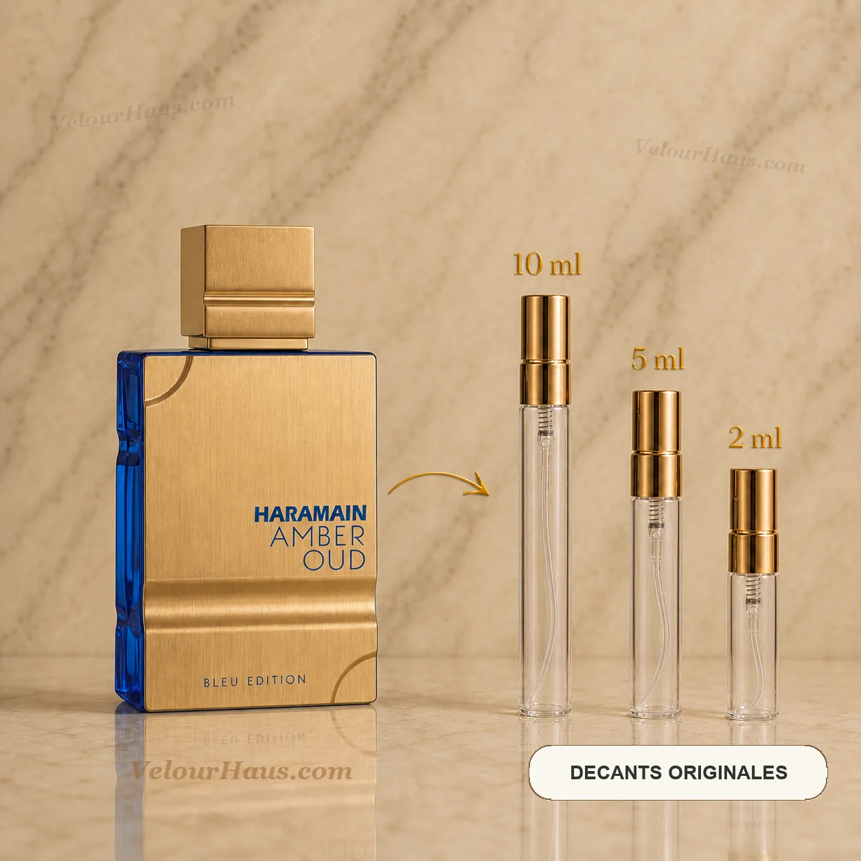 Amber Oud Blue Edition Al Haramain con frasco de origen y decants de 10 ml, 5 ml y 2 ml