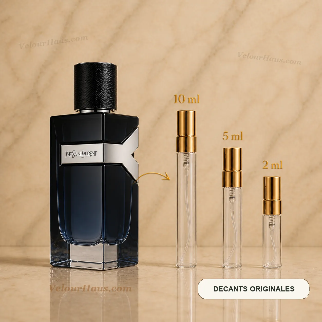 Y Eau de Parfum YSL con frasco de origen y decants de 10 ml, 5 ml y 2 ml