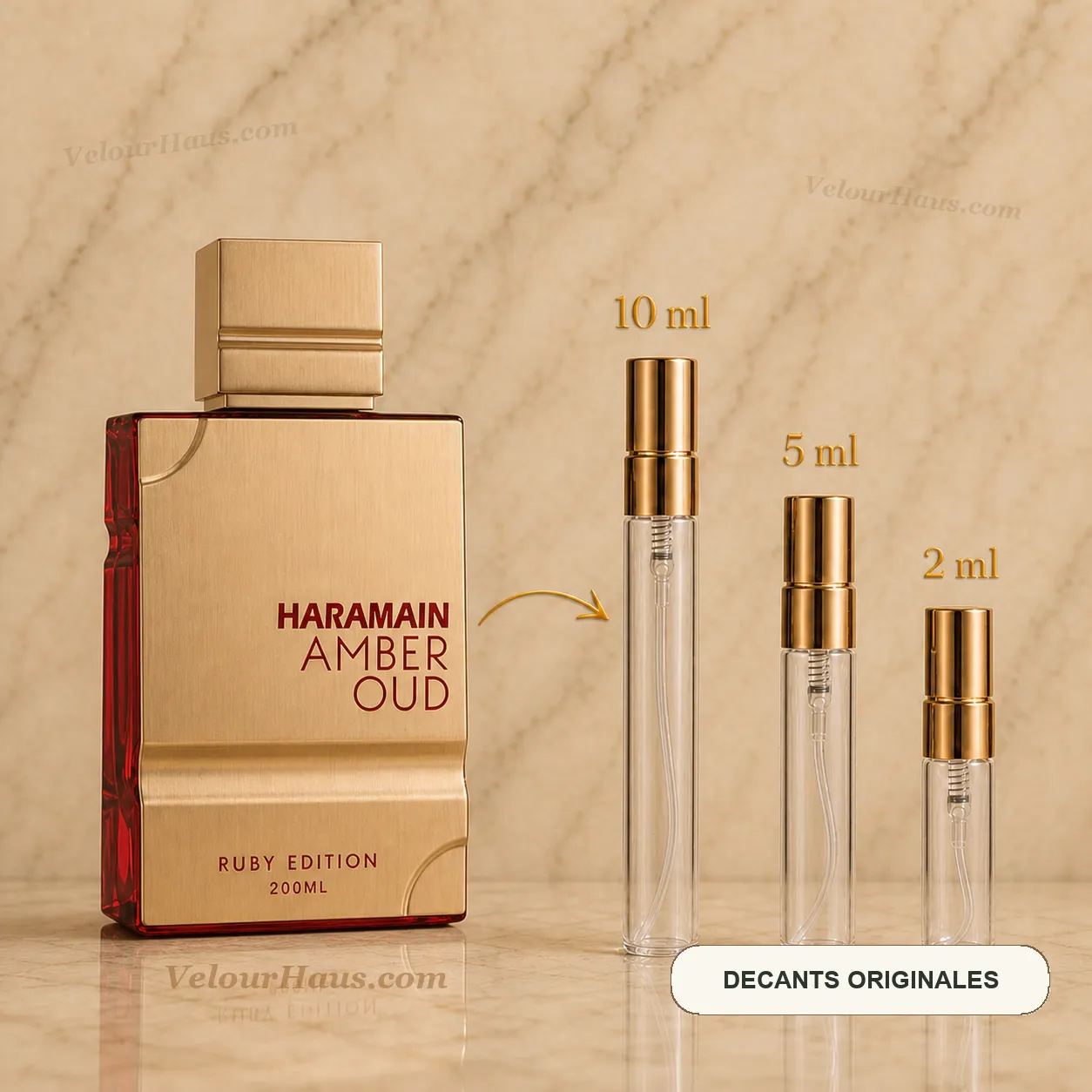 Amber Oud Ruby Edition Al Haramain con frasco de origen y decants de 10 ml, 5 ml y 2 ml