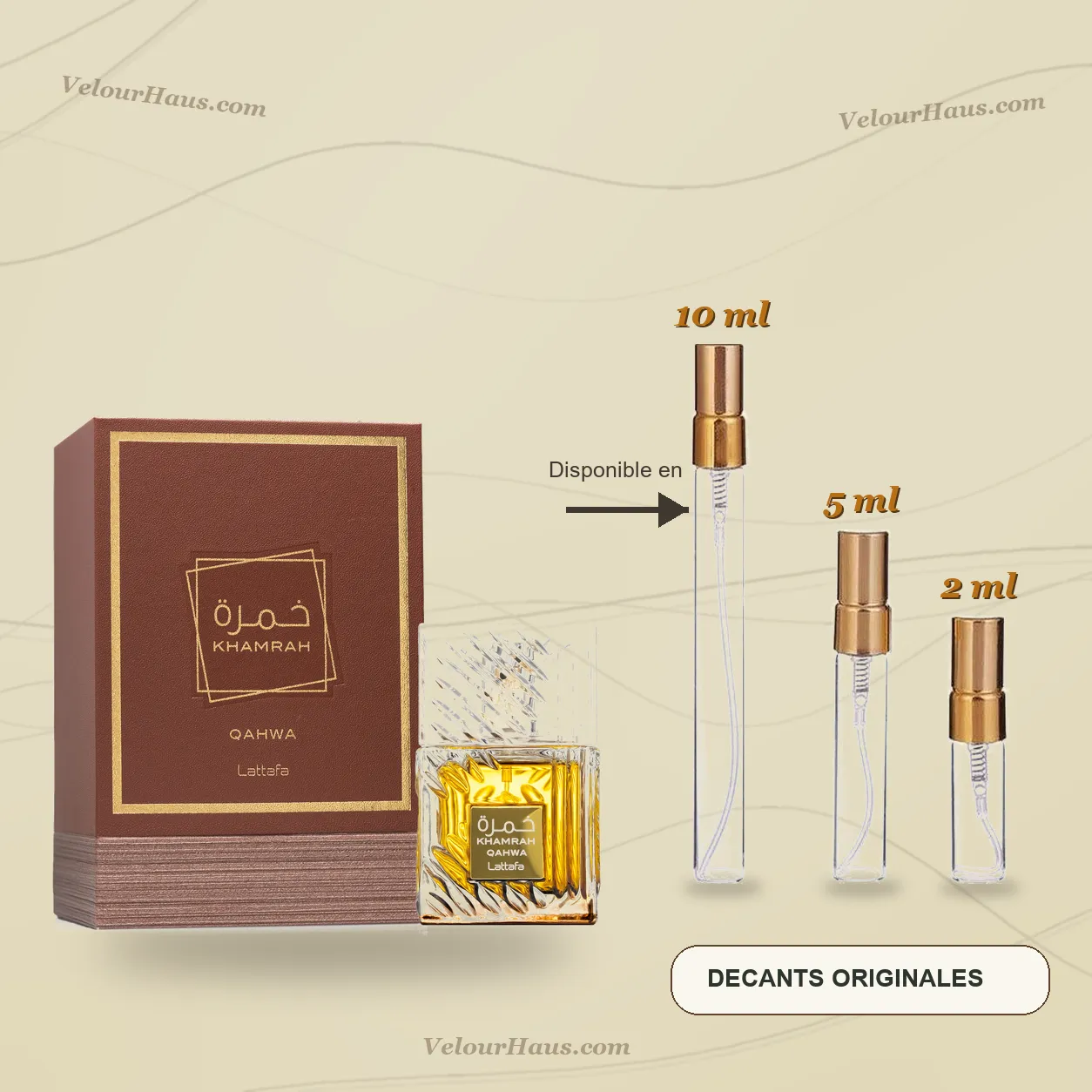 Khamrah Qahwa de Lattafa con frasco de origen y decants de 10 ml, 5 ml y 2 ml