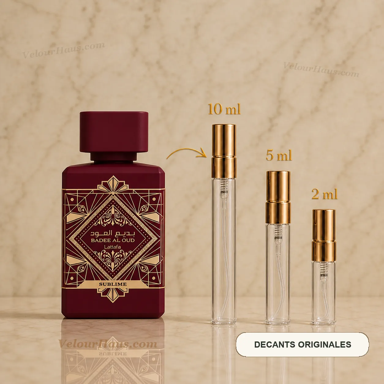 Badee Al Oud Sublime de Lattafa con frasco de origen y decants de 10 ml, 5 ml y 2 ml