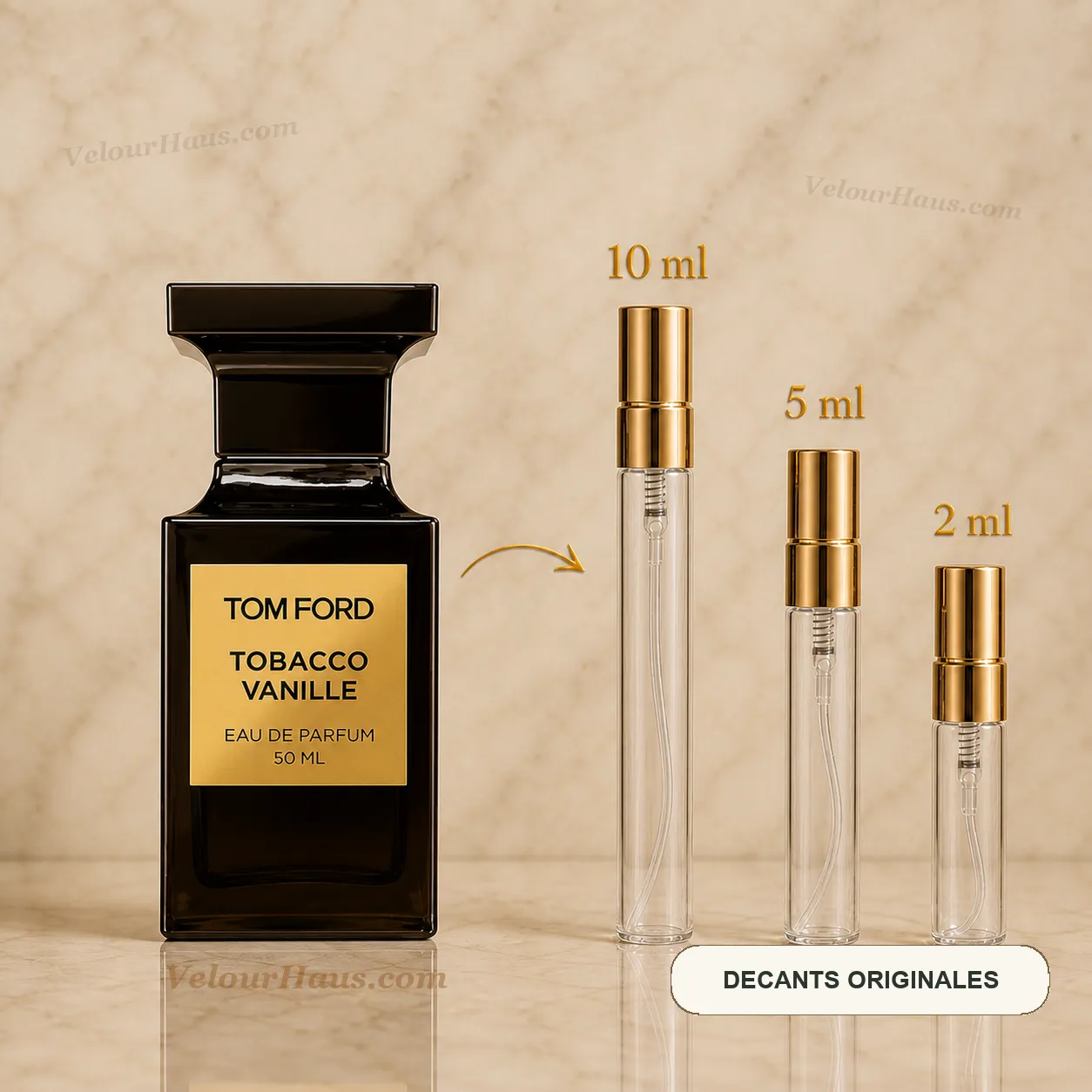 Tobacco Vanille Tom Ford con frasco de origen y decants de 10 ml, 5 ml y 2 ml
