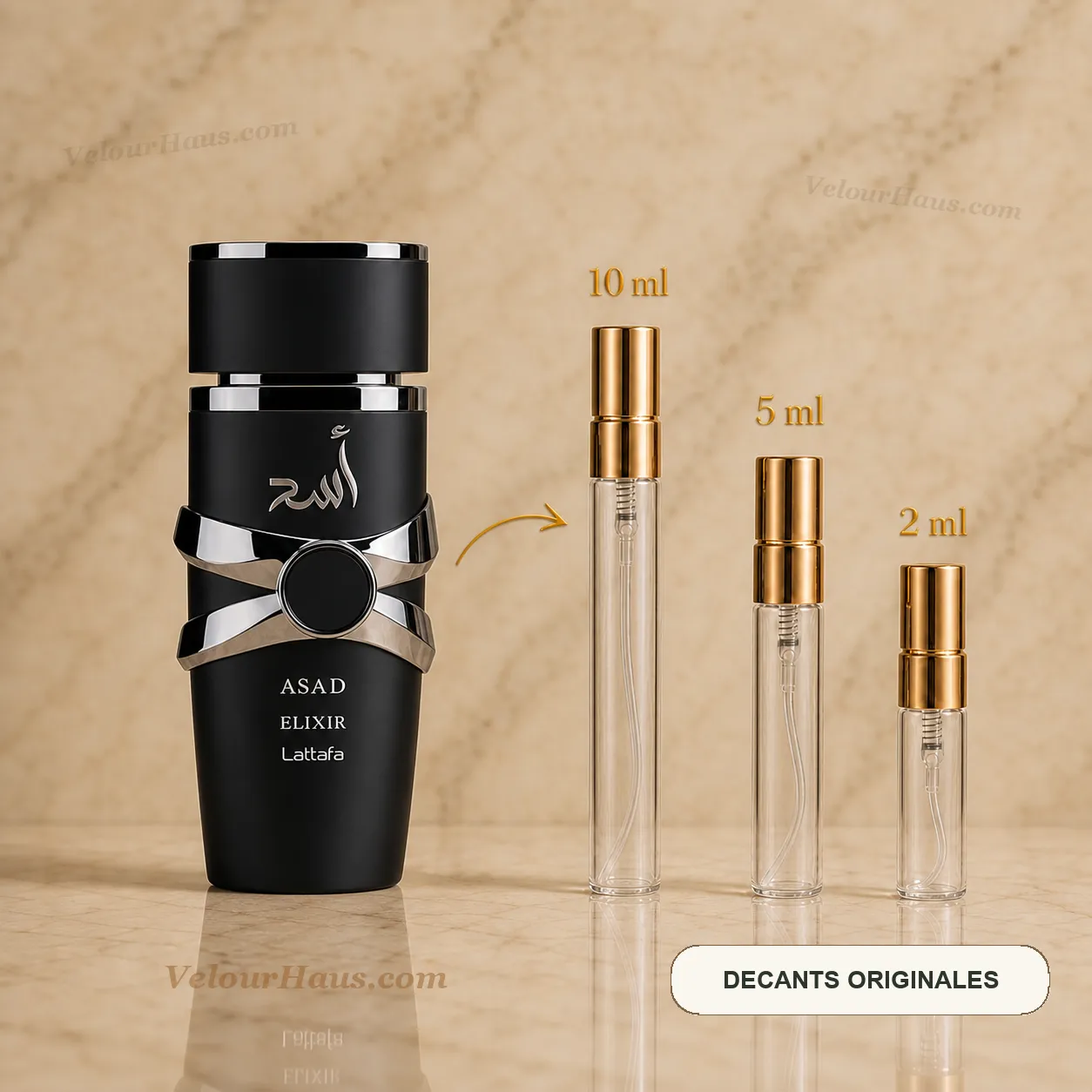 Asad Elixir Lattafa con frasco de origen y decants de 10 ml, 5 ml y 2 ml