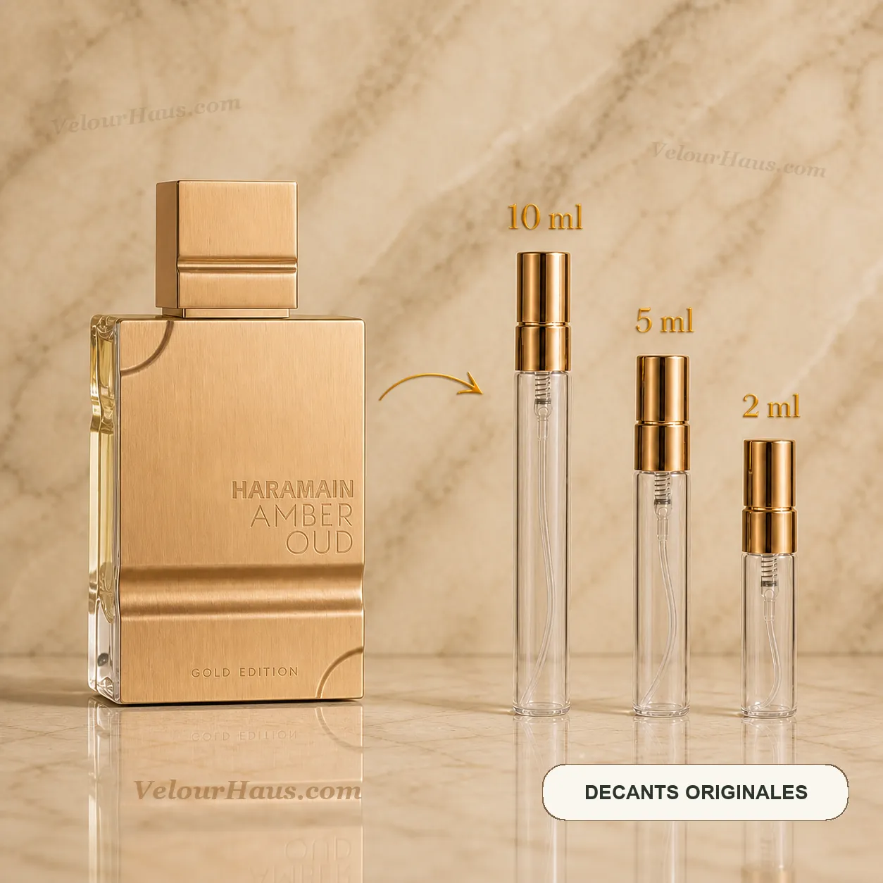 Amber Oud Gold Edition Al Haramain con frasco de origen y decants de 10 ml, 5 ml y 2 ml