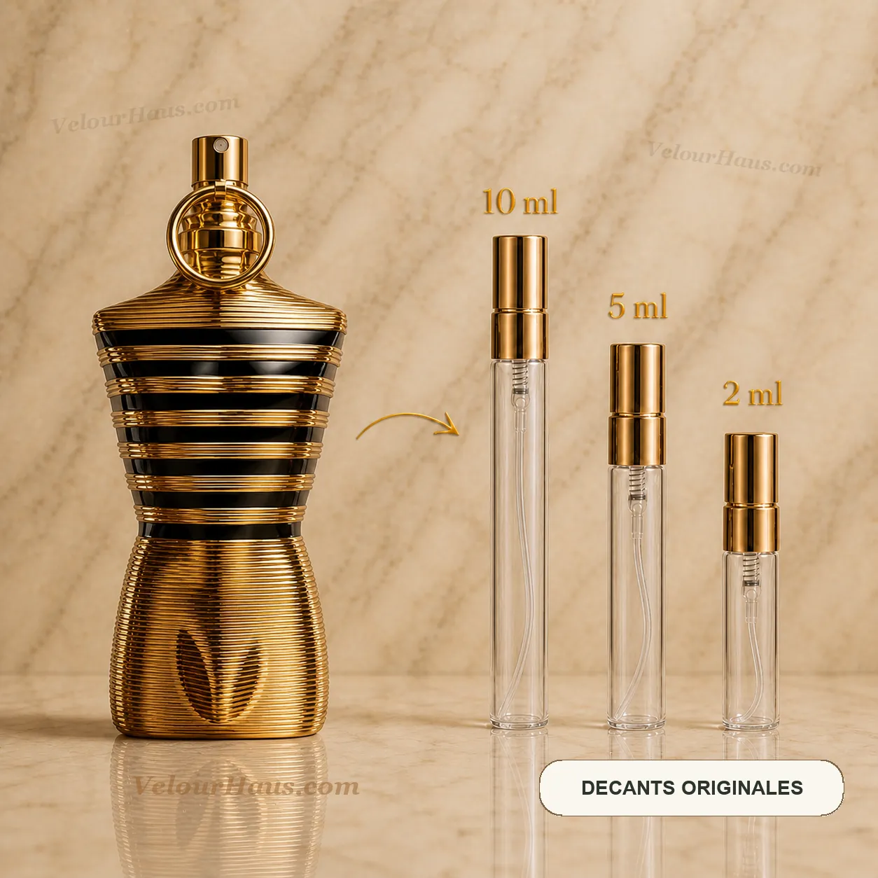 Le Male Elixir Jean Paul Gaultier con frasco de origen y decants de 10 ml, 5 ml y 2 ml