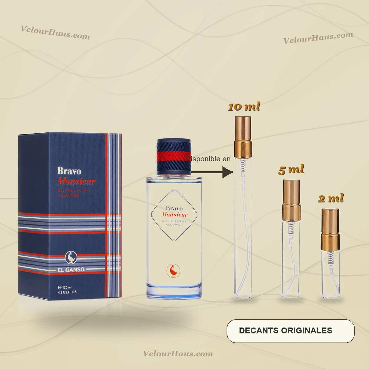Bravo Monsieur No Uniforms Allowed El Ganso con frasco de origen y decants de 10 ml, 5 ml y 2 ml
