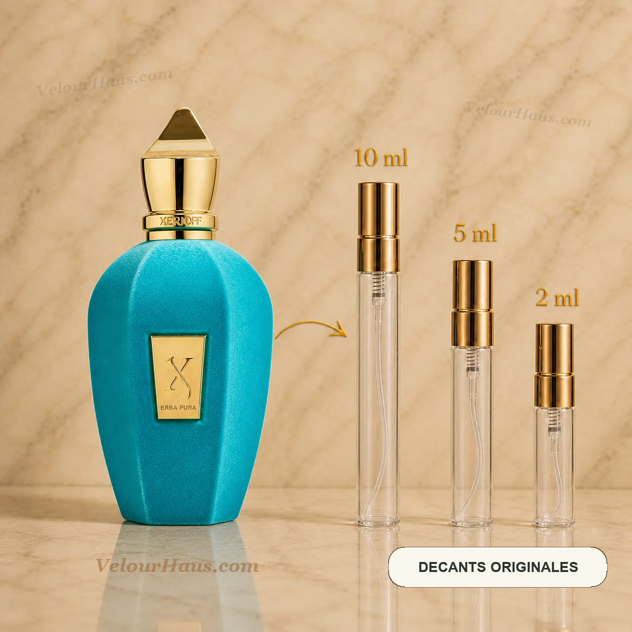 Erba Pura Xerjoff con frasco de origen y decants de 10 ml, 5 ml y 2 ml