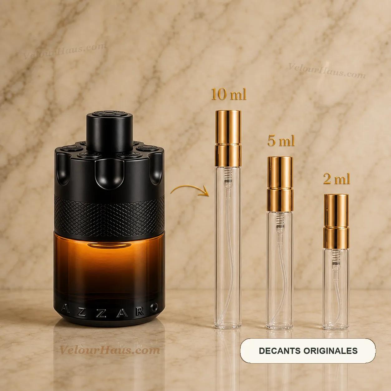 The Most Wanted Parfum de Azzaro con frasco de origen y decants de 10 ml, 5 ml y 2 ml