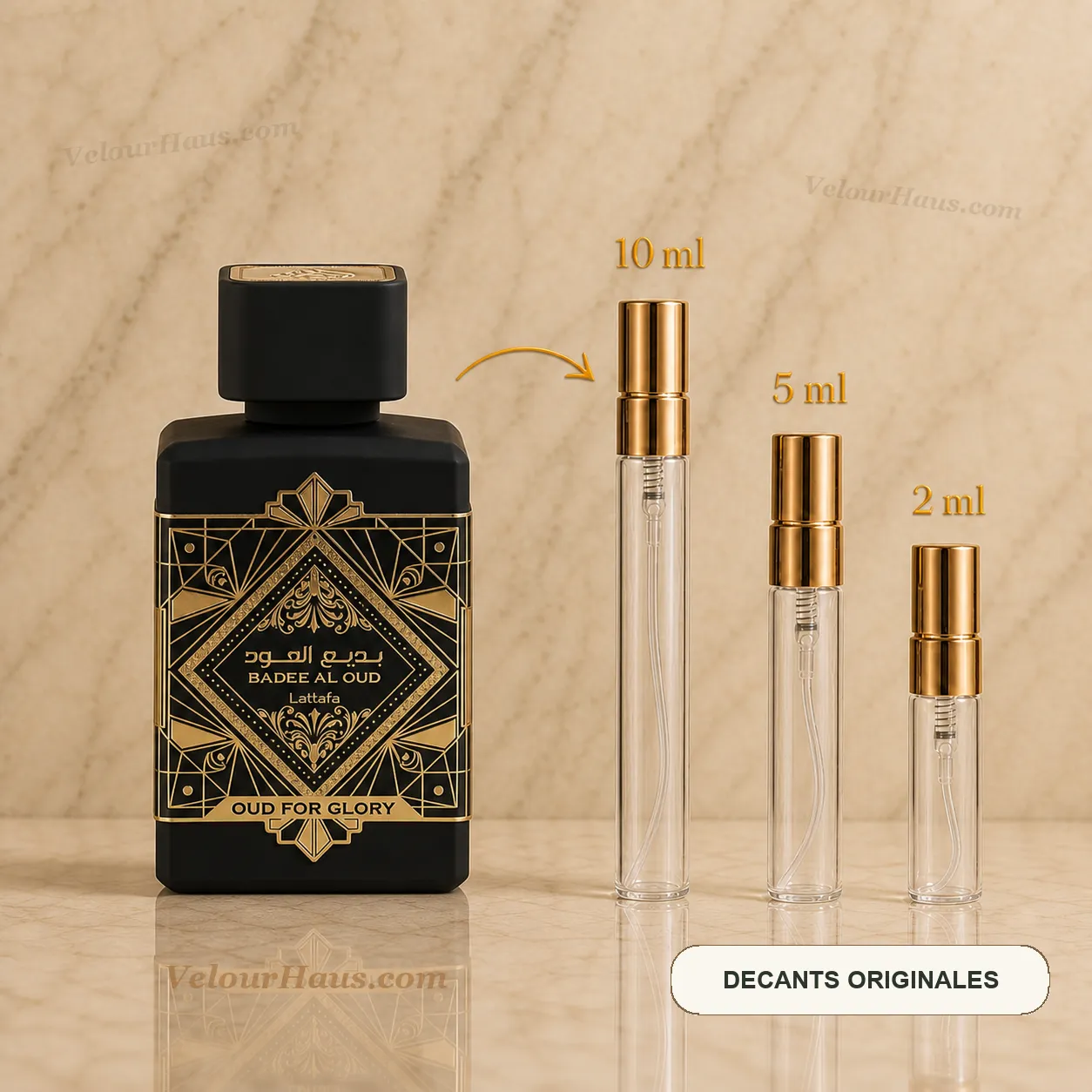 Badee Al Oud Oud for Glory de Lattafa con frasco de origen y decants de 10 ml, 5 ml y 2 ml