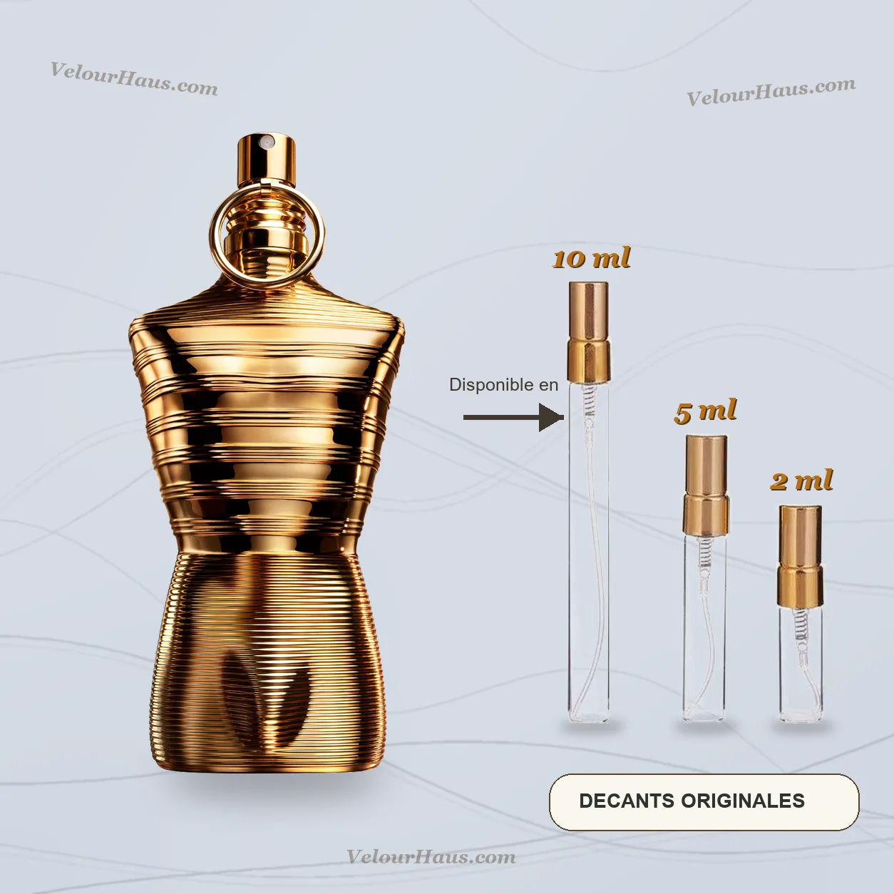 Le Male Elixir Absolu Jean Paul Gaultier con frasco de origen y decants de 10 ml, 5 ml y 2 ml