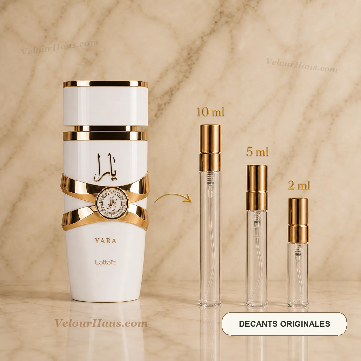 Yara Moi de Lattafa con frasco de origen y decants de 10 ml, 5 ml y 2 ml
