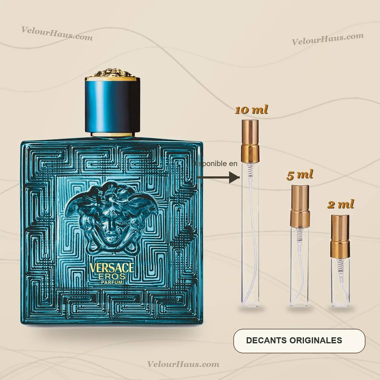 Eros Parfum de Versace con frasco de origen y decants de 10 ml, 5 ml y 2 ml