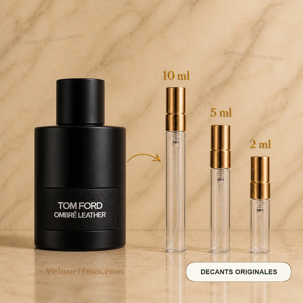 Ombré Leather Tom Ford con frasco de origen y decants de 10 ml, 5 ml y 2 ml