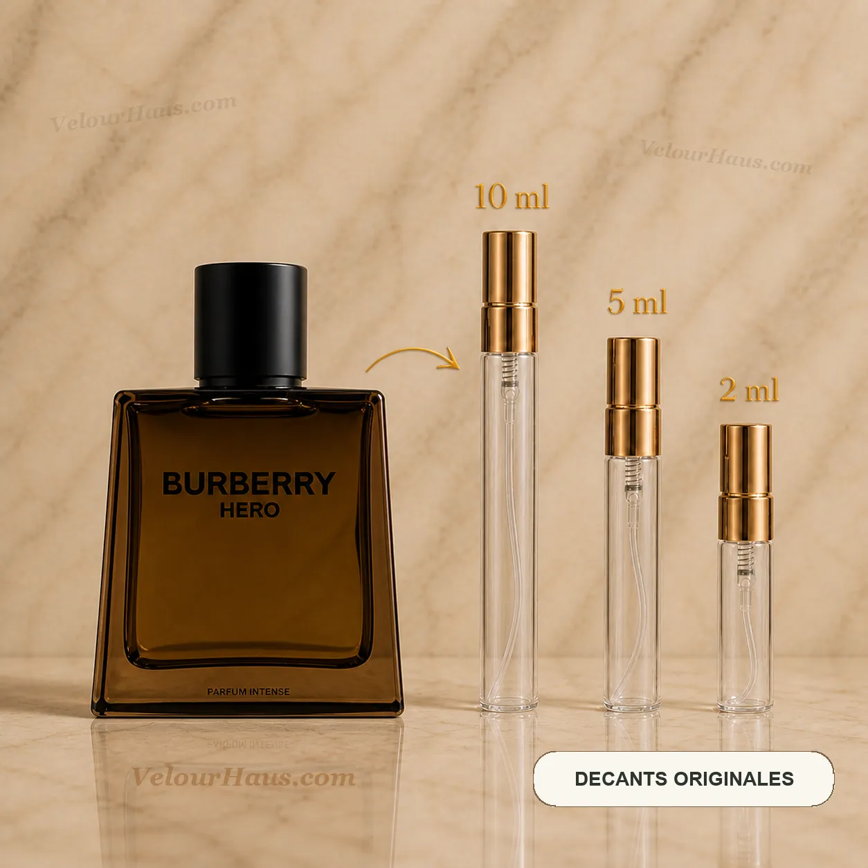 Hero Parfum Intense de Burberry con frasco de origen y decants de 10 ml, 5 ml y 2 ml