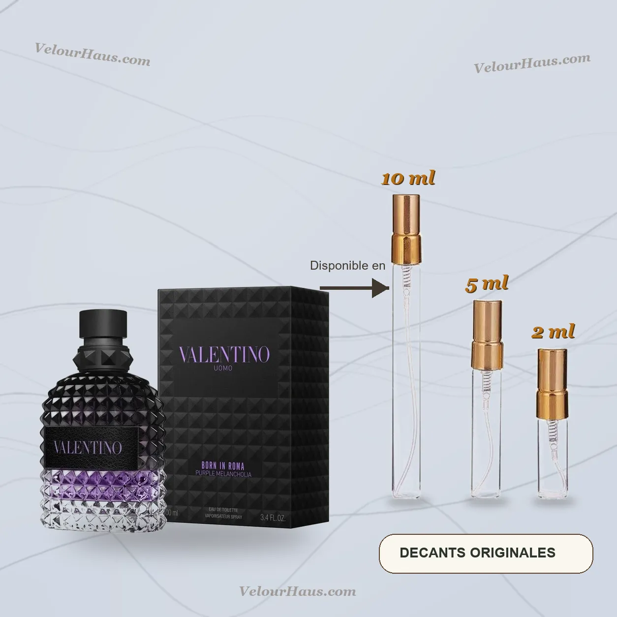 Valentino Uomo Born in Roma Purple Melancholia EDT con frasco de origen y decants de 10 ml, 5 ml y 2 ml