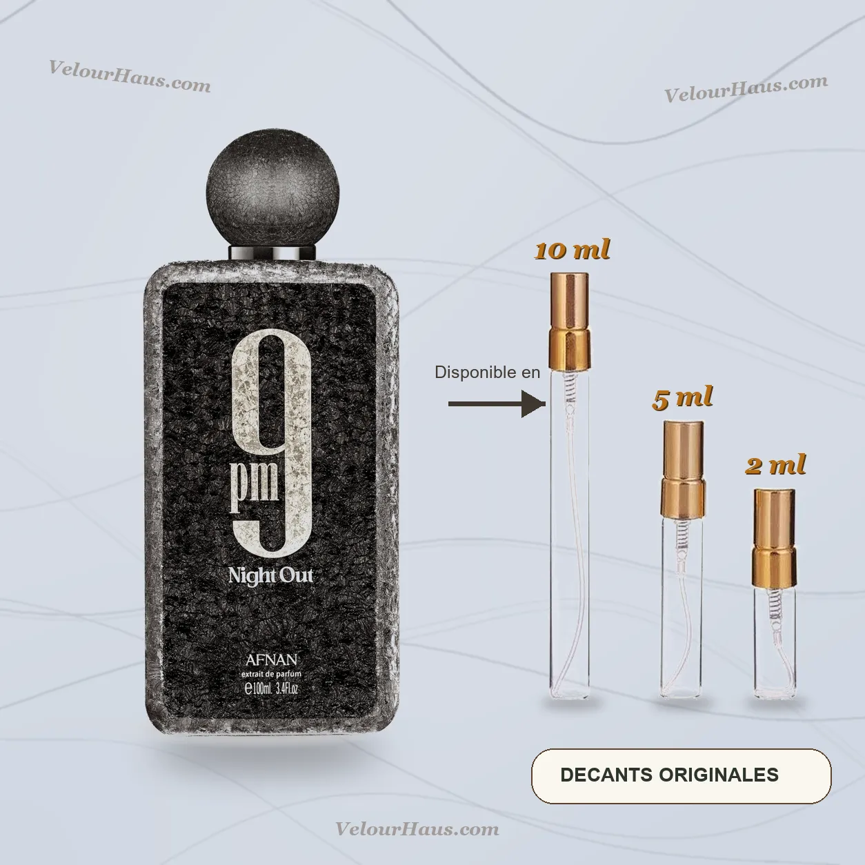 9PM Night Out Afnan con frasco de origen y decants de 10 ml, 5 ml y 2 ml