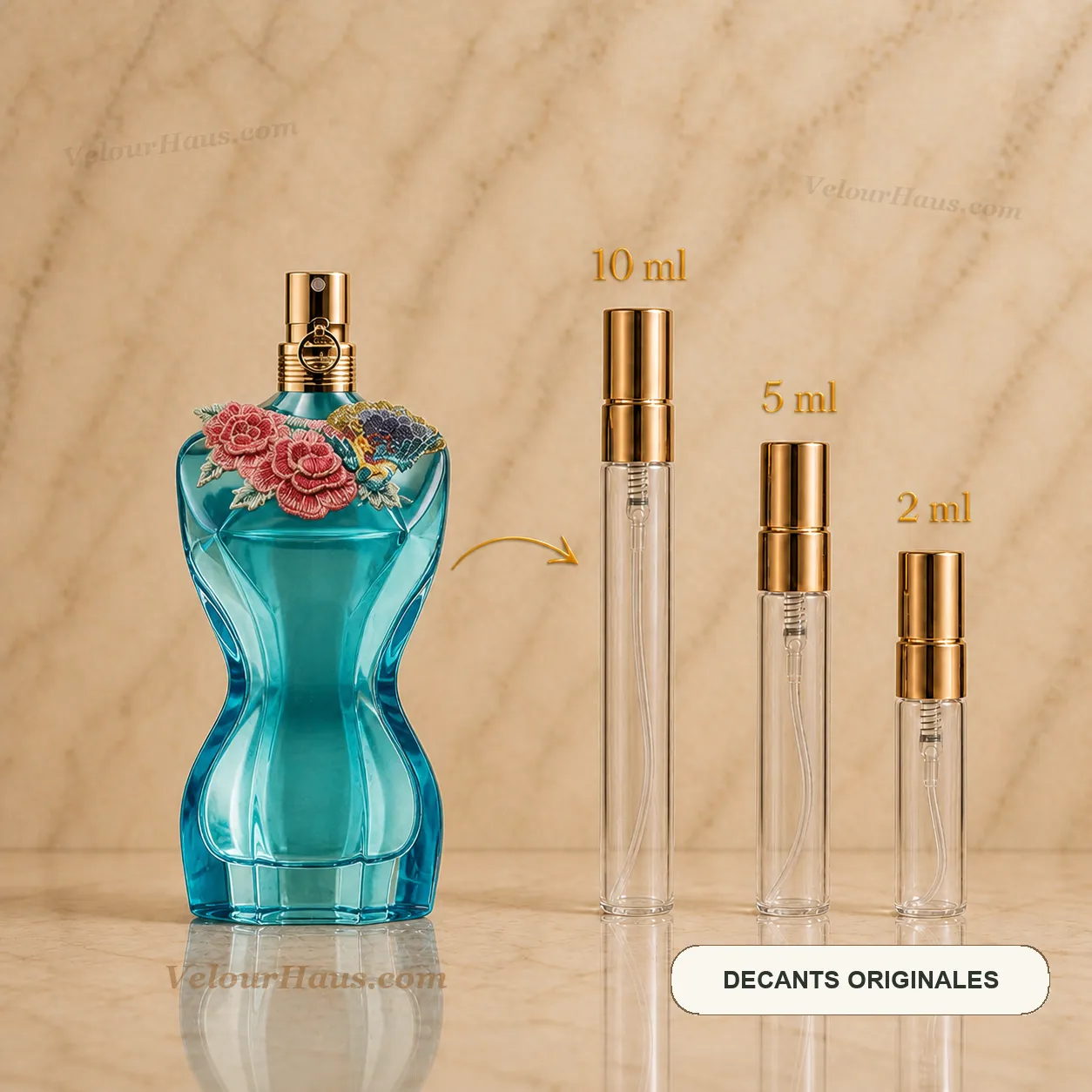 La Belle Paradise Garden Jean Paul Gaultier con frasco de origen y decants de 10 ml, 5 ml y 2 ml