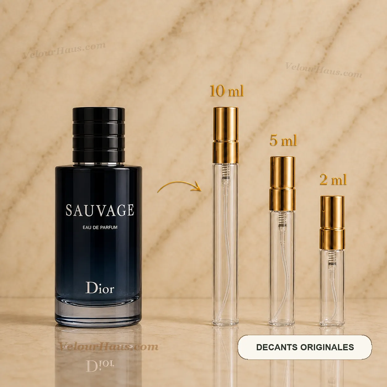 Sauvage EDP de Dior con frasco de origen y decants de 10 ml, 5 ml y 2 ml