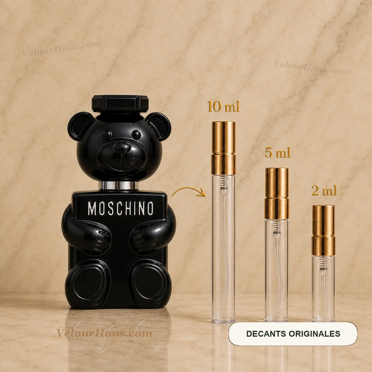 Toy Boy Moschino con frasco de origen y decants de 10 ml, 5 ml y 2 ml