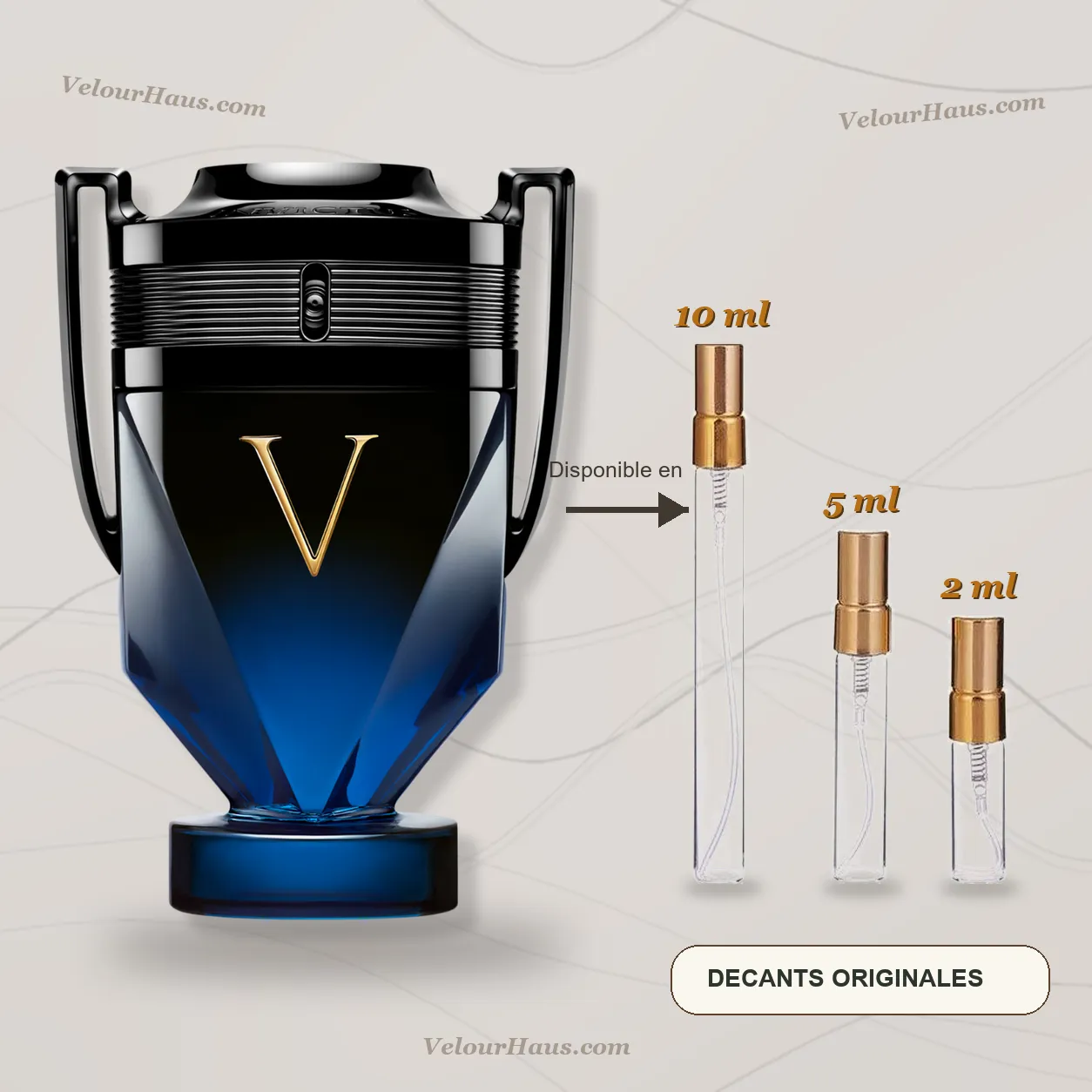 Invictus Victory Elixir de Rabanne con frasco de origen y decants de 10 ml, 5 ml y 2 ml